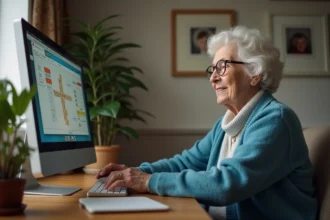 Seniorelle jouant au Scrabble en ligne à la maison