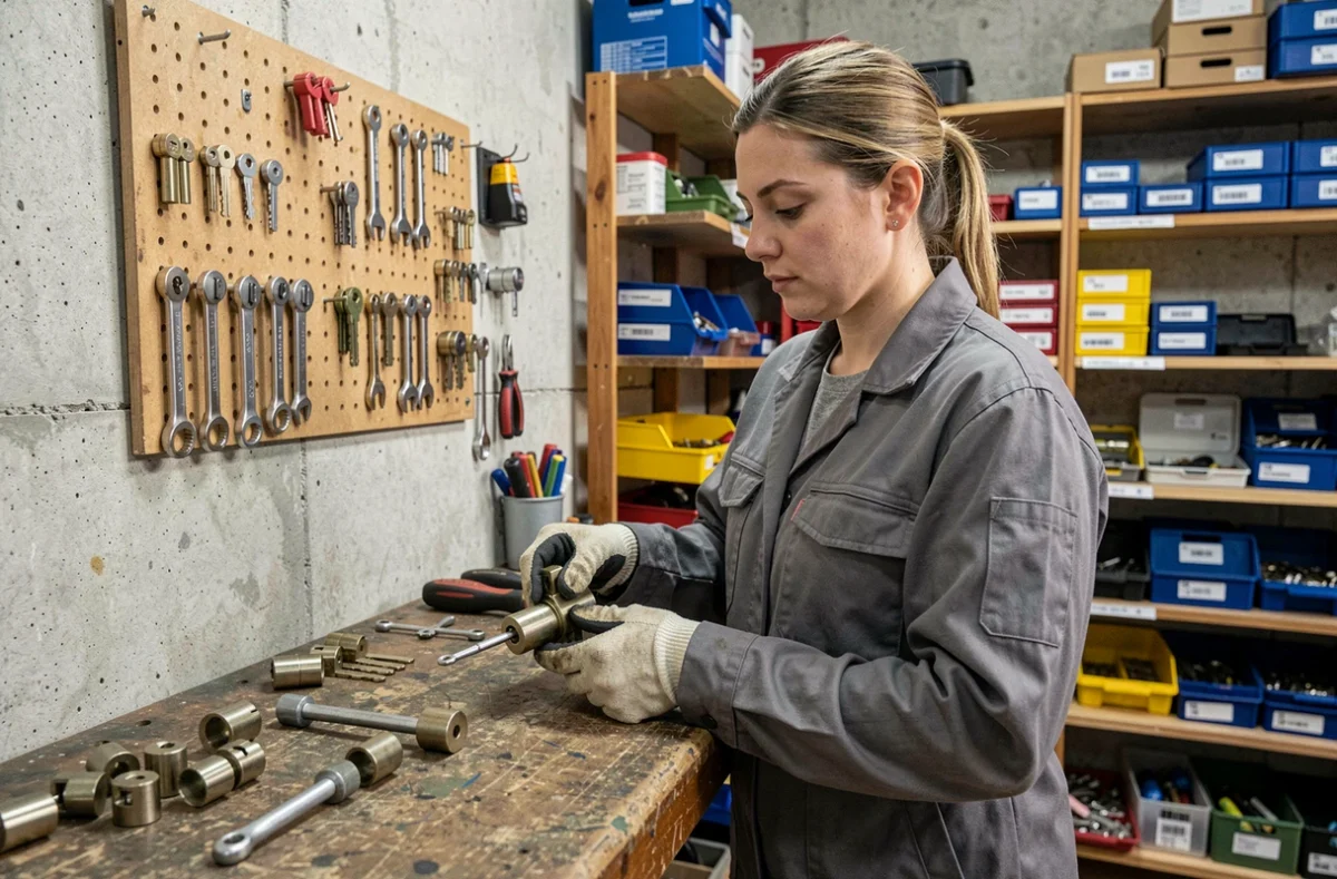 Serruriète en atelier analysant un mécanisme de serrure cylindrique dans un atelier artisanal de l'Indre