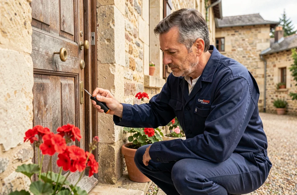 Serrurier professionnel intervenant sur une porte en bois dans une maison de campagne de l'Indre