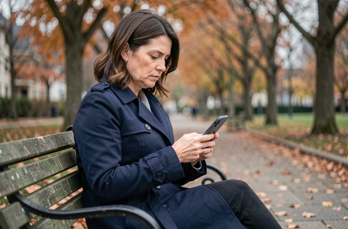 Femme regardant des stories Instagram anonymement sur son téléphone assise sur un banc dans un parc en automne
