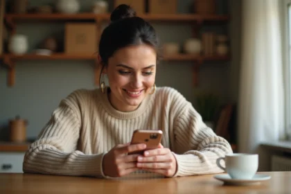 Femme consultant le suivi de colis DPD sur son smartphone dans une cuisine moderne