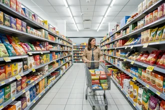 Femme faisant ses courses dans un supermarché discount parisien du 20ème arrondissement, rayons bien remplis avec étiquettes de prix visibles