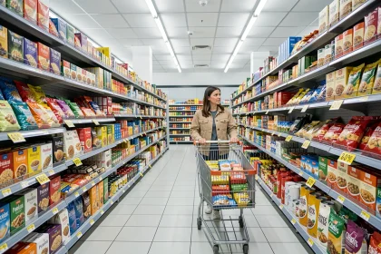 Femme faisant ses courses dans un supermarché discount parisien du 20ème arrondissement, rayons bien remplis avec étiquettes de prix visibles