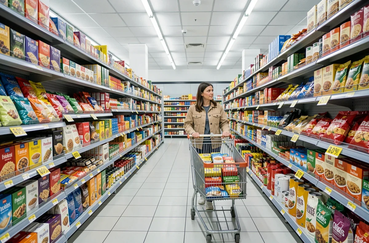 Femme faisant ses courses dans un supermarché discount parisien du 20ème arrondissement, rayons bien remplis avec étiquettes de prix visibles