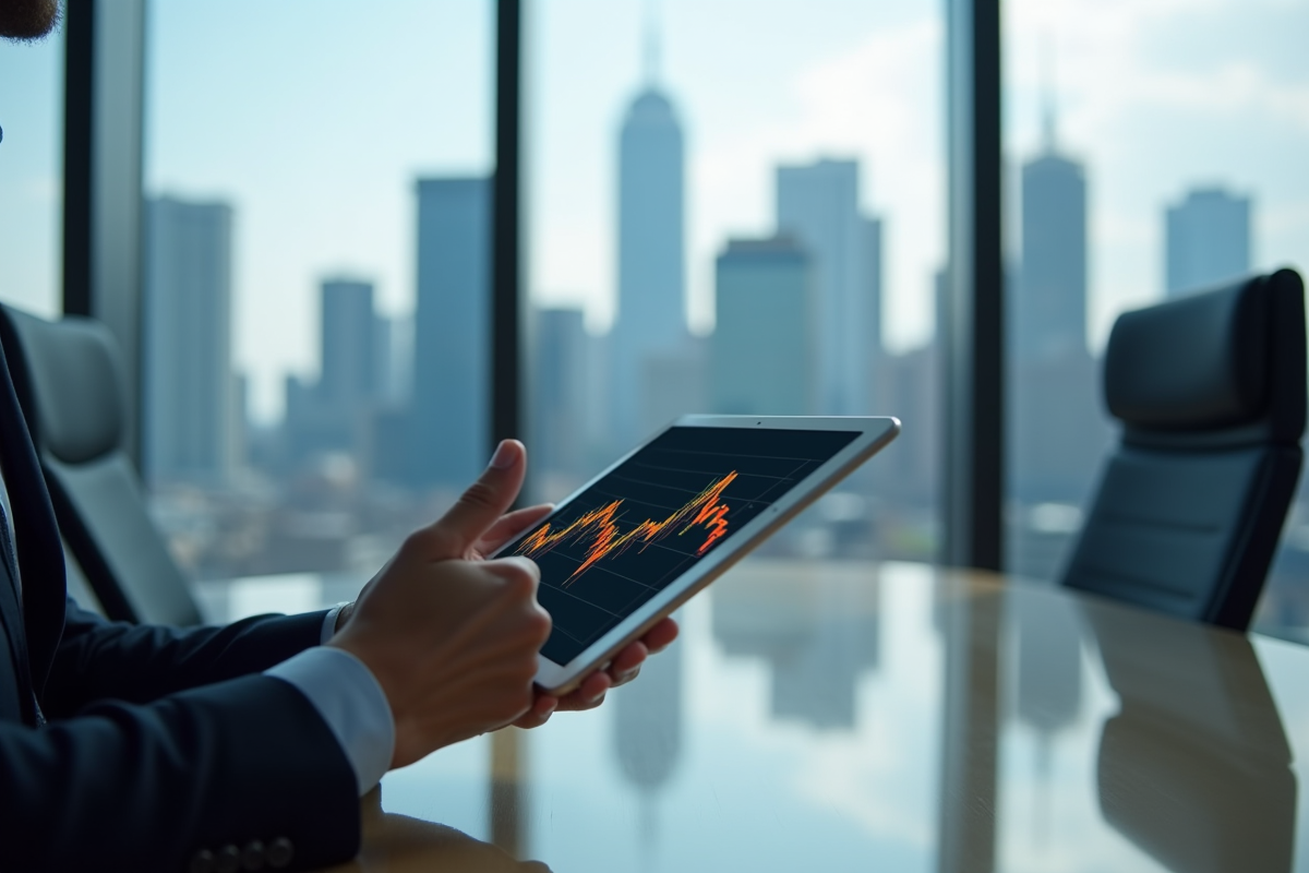 Une tablette affichant un graphique financier dans une salle de réunion lumineuse