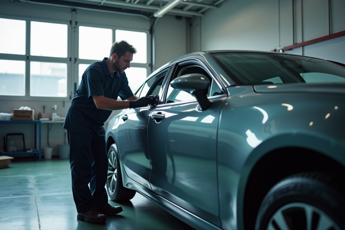 Technicien carrosserie dans un atelier moderne inspectant une voiture