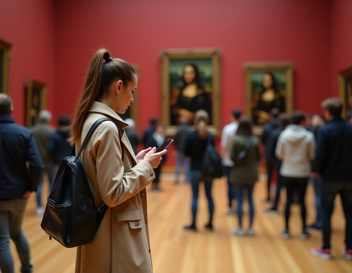 Touriste surprise par la petite taille de la Joconde originale au Louvre face au tableau sous verre