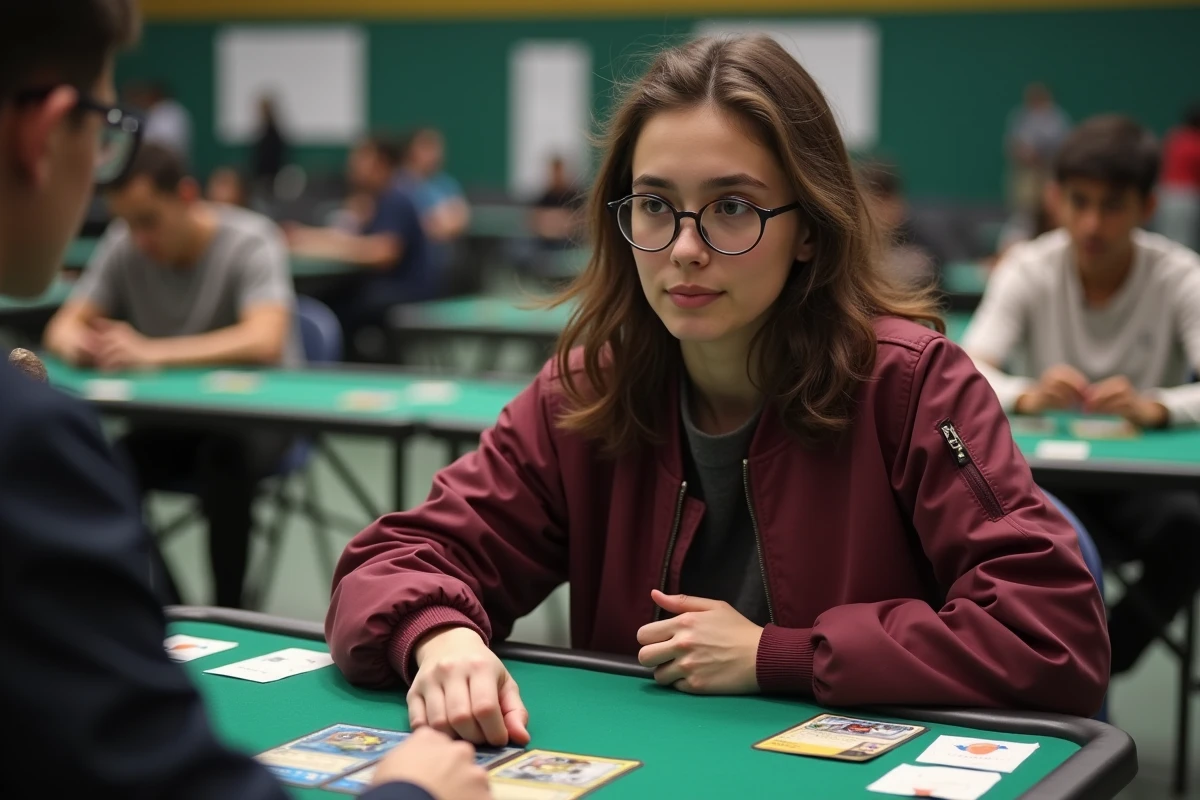 Joueuse compétitive participant à un tournoi de JCC Pokémon dans une salle de jeu organisée avec tapis vert et cartes posées