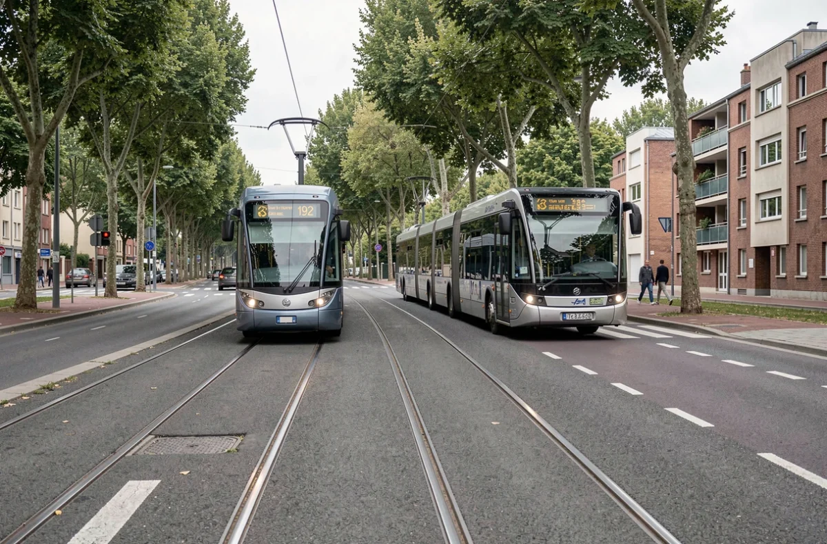Tramway et bus de la ligne 192 circulant côte à côte sur un boulevard de banlieue parisienne, illustrant la comparaison des modes de transport