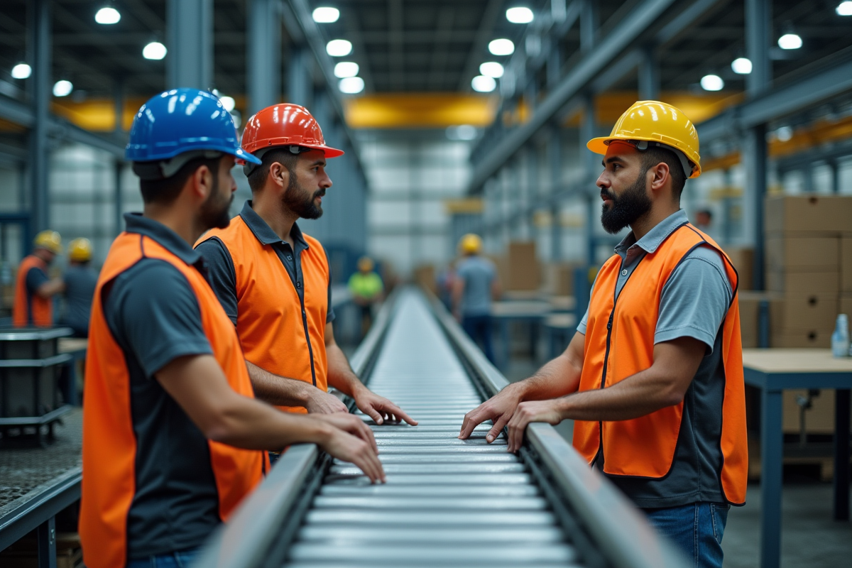 Travailleurs dans un espace industriel en discussion