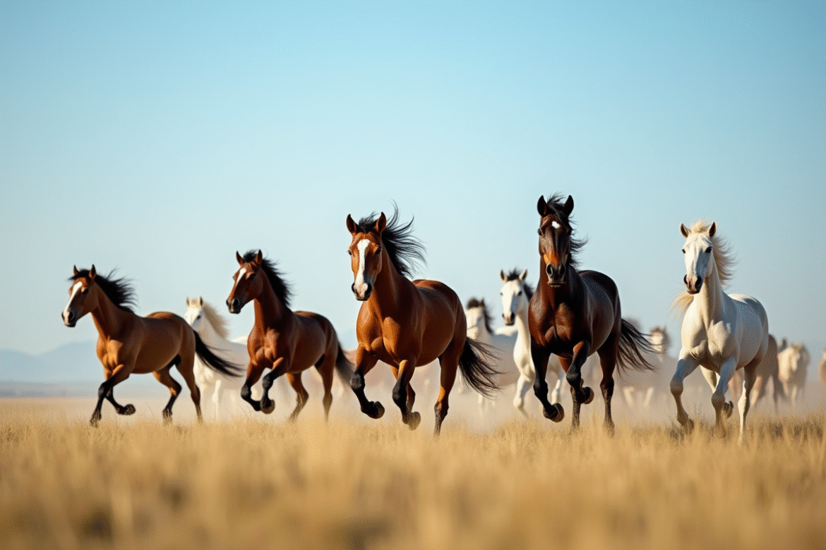 Troupeau de chevaux mongols galopant dans la steppe sous un ciel bleu