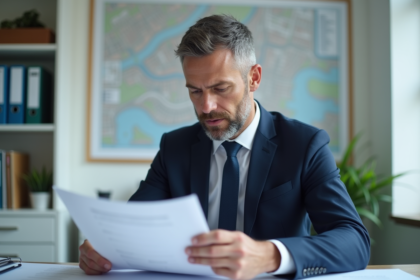 Urbaniste en costume bleu examinant des documents au bureau