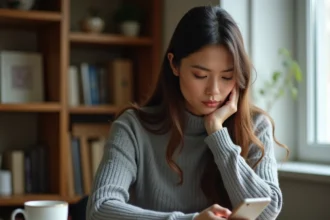 Femme réfléchissant à l'utilisation immédiate ou différée d'un code promo Ninja Time sur son smartphone
