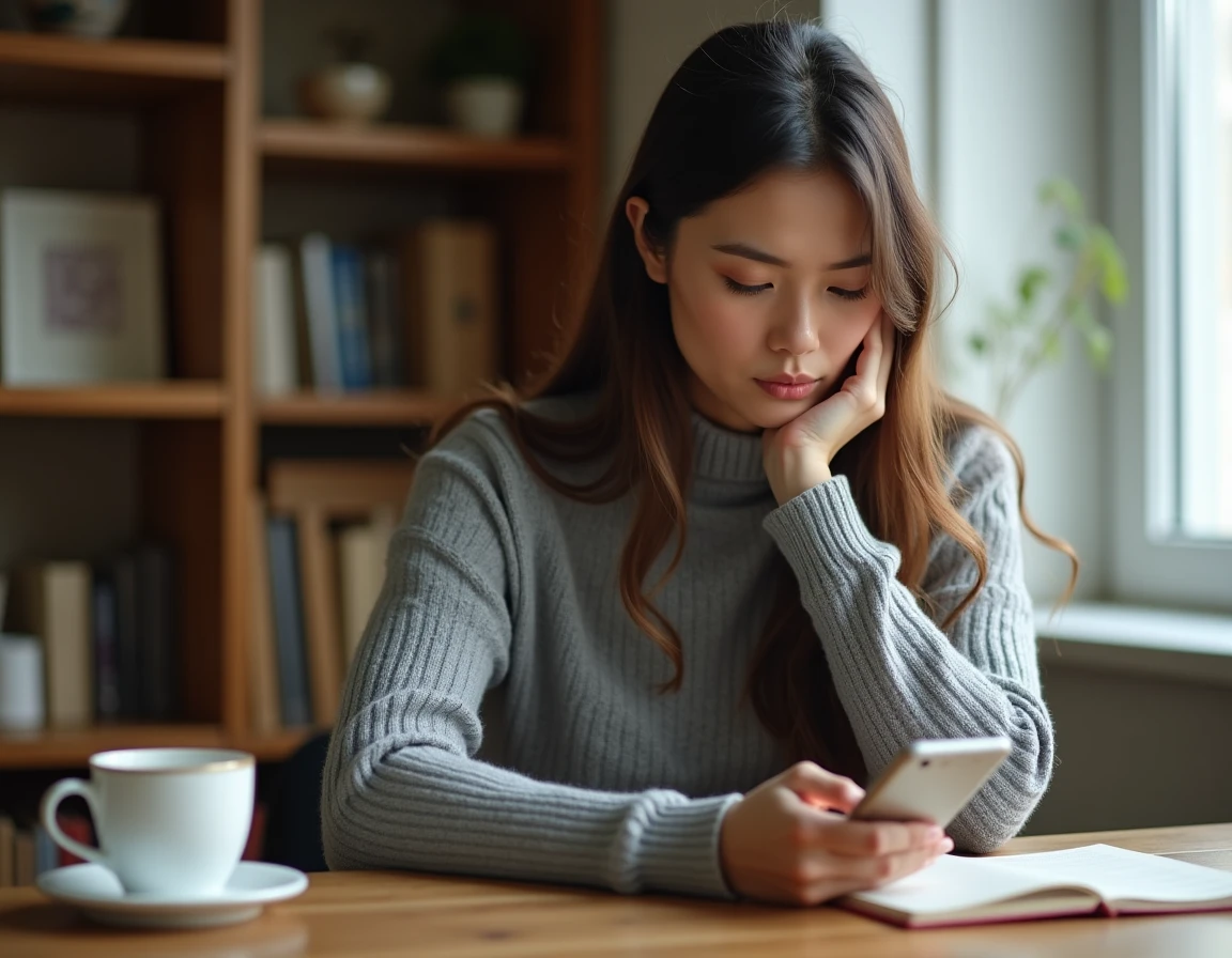 Femme réfléchissant à l'utilisation immédiate ou différée d'un code promo Ninja Time sur son smartphone