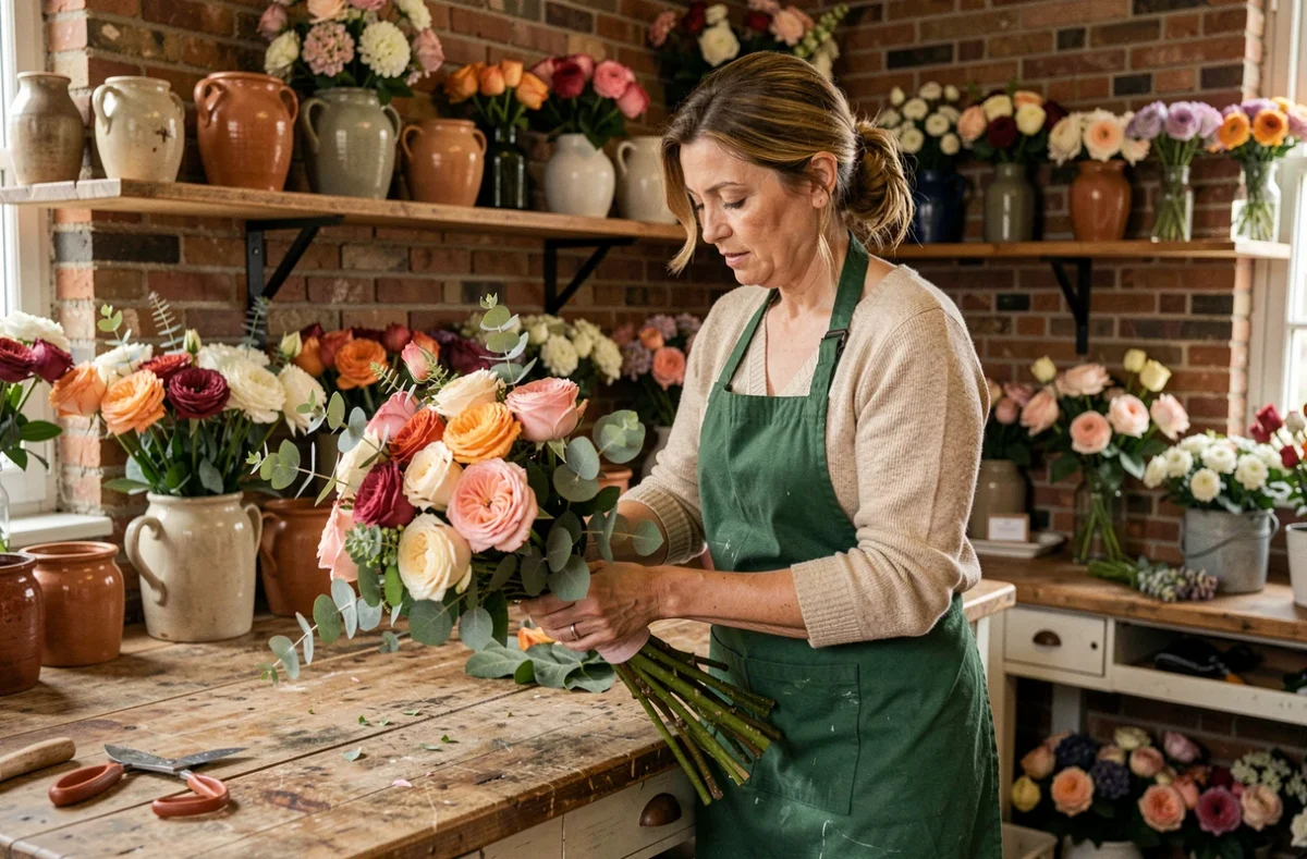 Fleuriste artisane de Valérie Fleurs à Déville-lès-Rouen assemblant un bouquet de roses et d'eucalyptus dans son atelier rustique