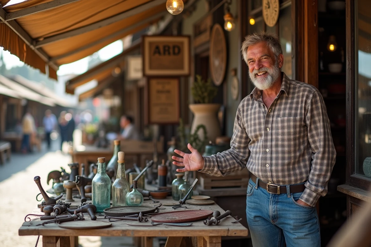 Vendeur présentant des objets anciens sur un stand de brocante dans le 47 en France