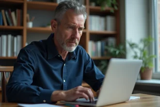Homme vérifiant des informations sur Wikipédia à son bureau avec un ordinateur portable