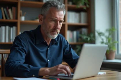 Homme vérifiant des informations sur Wikipédia à son bureau avec un ordinateur portable