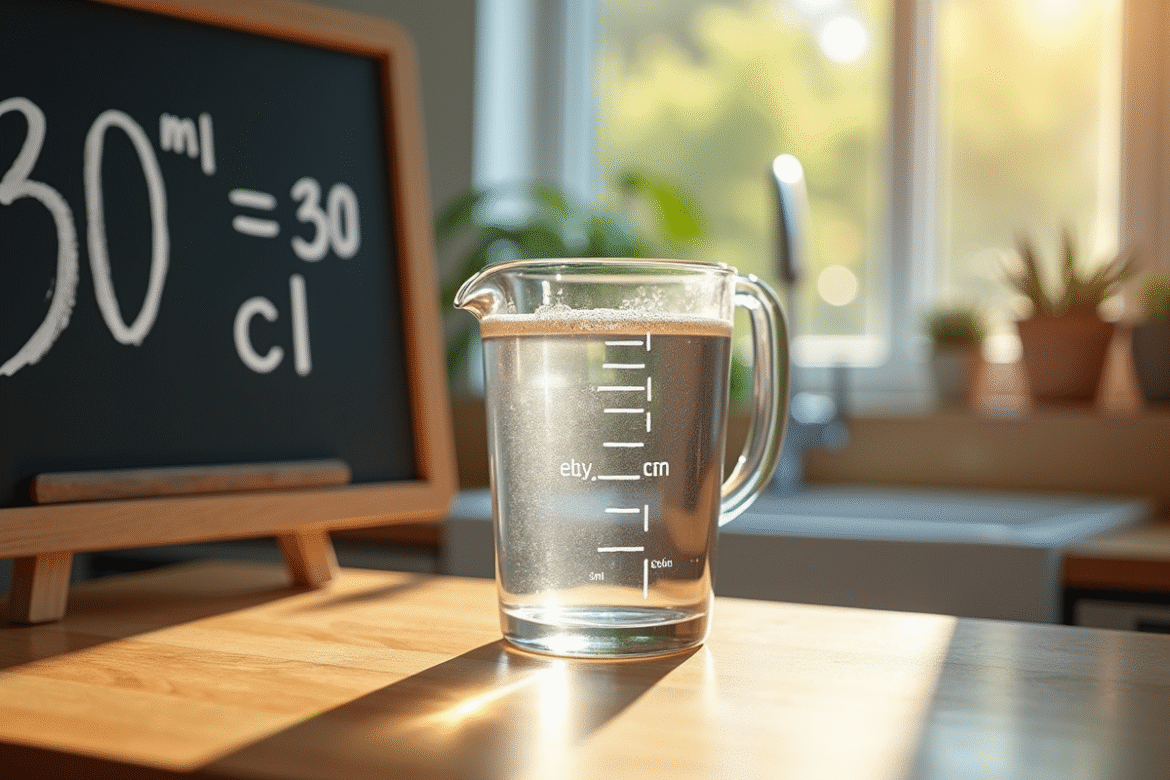 Verre mesure d'eau de 300 ml sur plan de travail lumineux