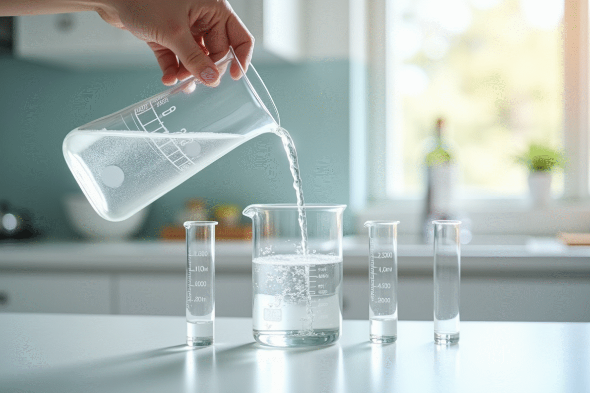 Verre mesureur de 100 cl versant dans des béchers en laboratoire