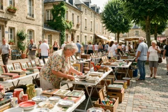 Vide grenier animé dans un village du Maine-et-Loire avec des étals d'objets vintage en plein air