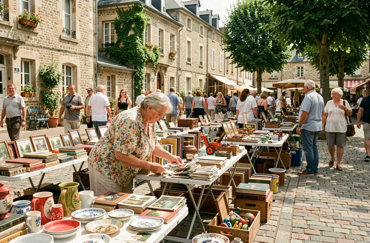 Vide grenier animé dans un village du Maine-et-Loire avec des étals d'objets vintage en plein air