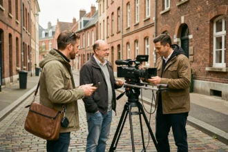 Équipe de vidéastes professionnels travaillant en extérieur dans les Hauts-de-France avec architecture flamande en arrière-plan
