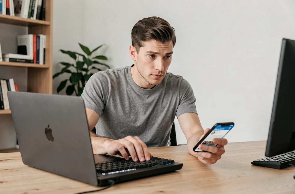 Homme consultant des stories Instagram de façon anonyme depuis son bureau à domicile avec ordinateur et smartphone