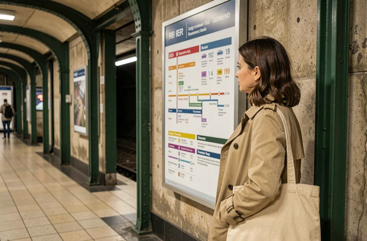 Voyageuse consultant un comparatif de temps de trajet entre le bus 192, le RER et le tramway dans une station de banlieue parisienne