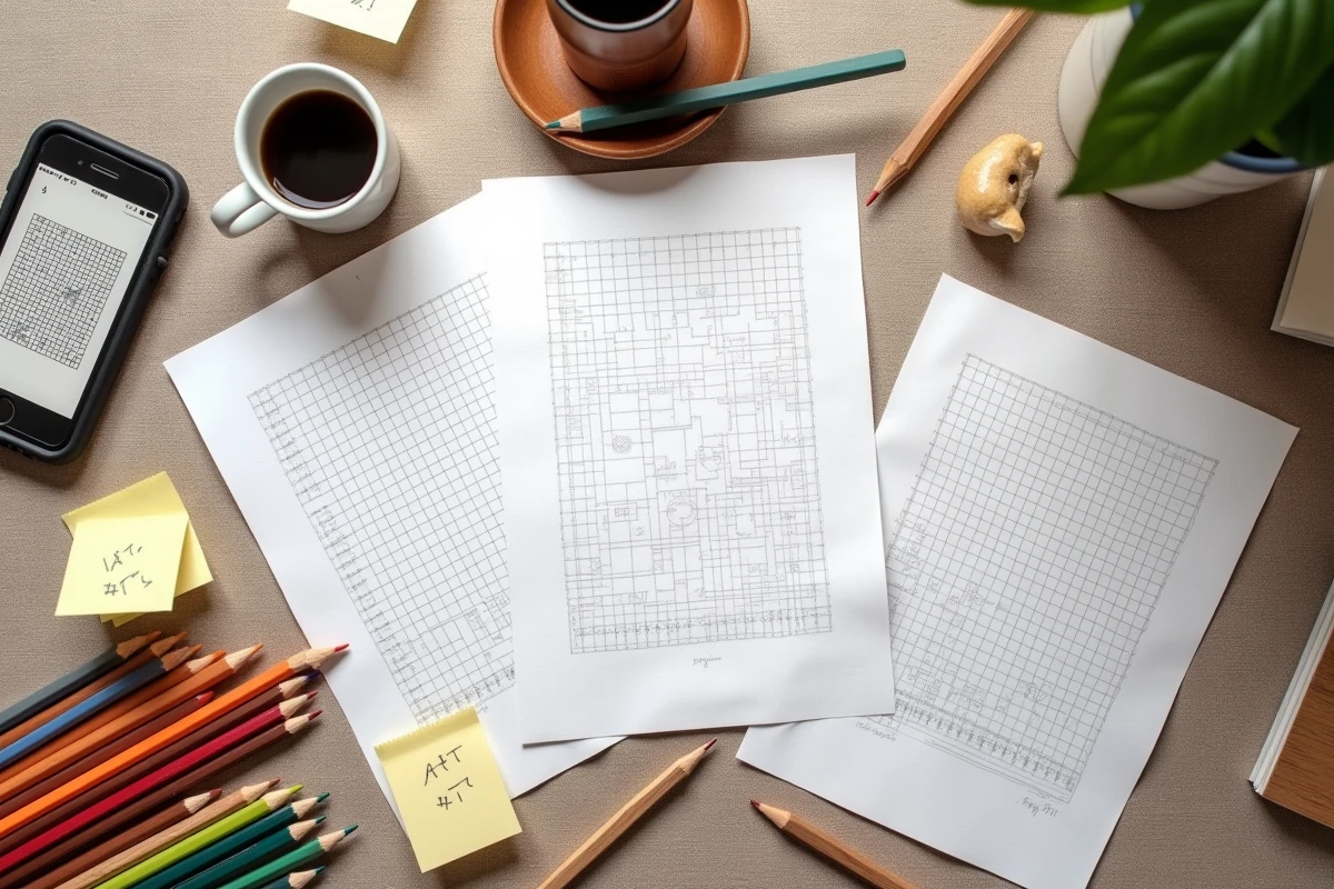 Vue aérienne de grilles pixel art imprimées avec crayons de couleur et smartphone sur une table en bois