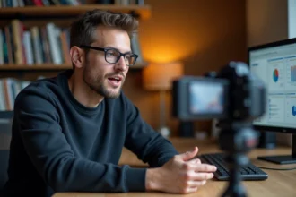 YouTubeur automobile filmant une vidéo dans son studio maison avec des données analytiques visibles sur écran